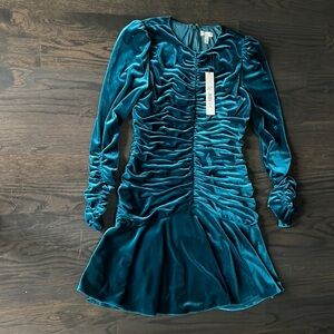 ML MONIQUE LHUILLIER metalic turquoise, blue long sleeve dress